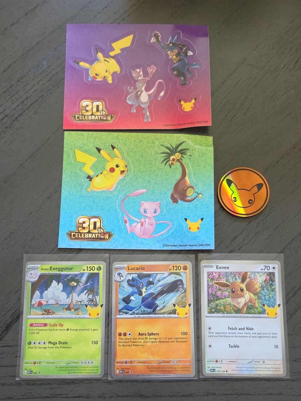 Pokemon 30th Celebrations 3 Promos, 2 Stickers & 1 Coin